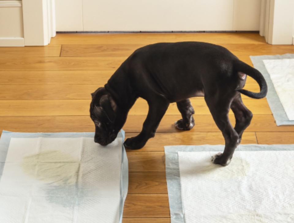 cachorro que huele una almohadilla de entrenamiento para hacer las necesidades