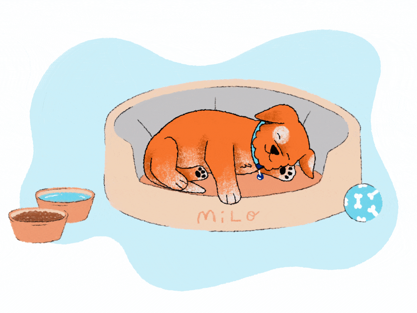 Ilustración de color naranja de cachorro durmiendo en una cama para perros