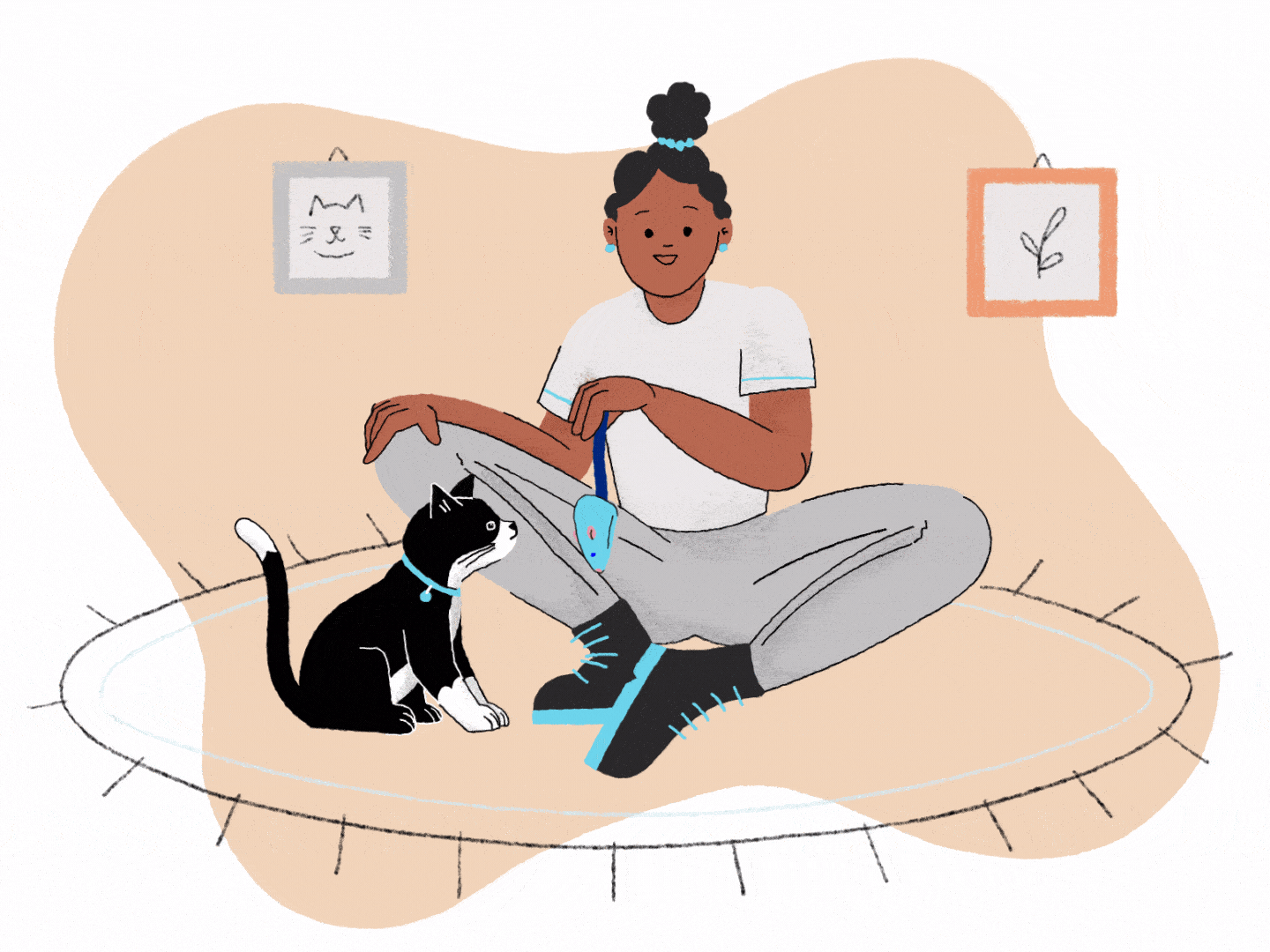 ilustración de niña y gatito negro jugando