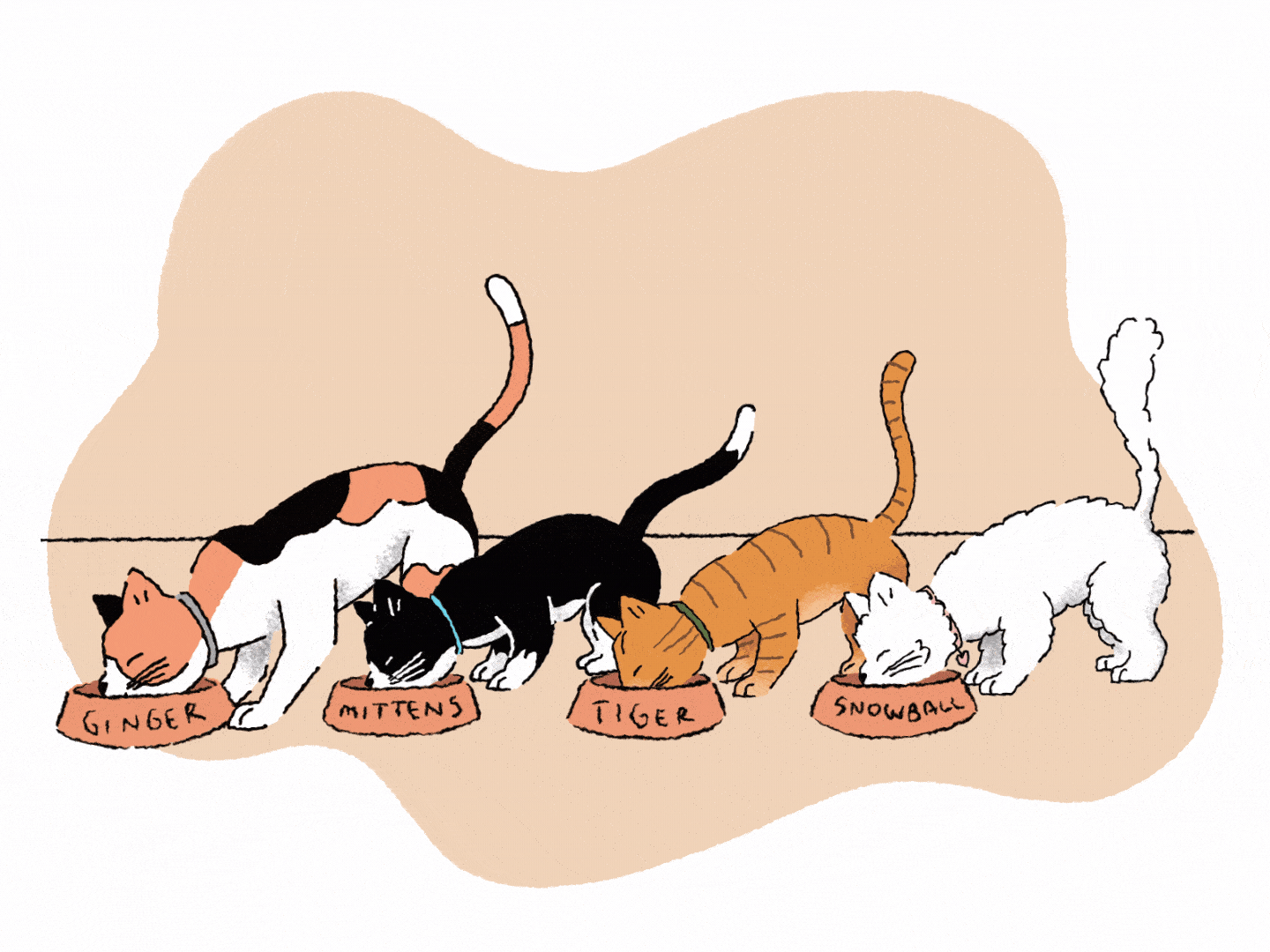 ilustración de cuatro gatos comiendo