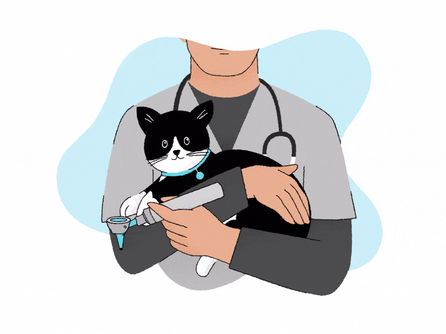 ilustración de un gato negro y un veterinario con un termómetro