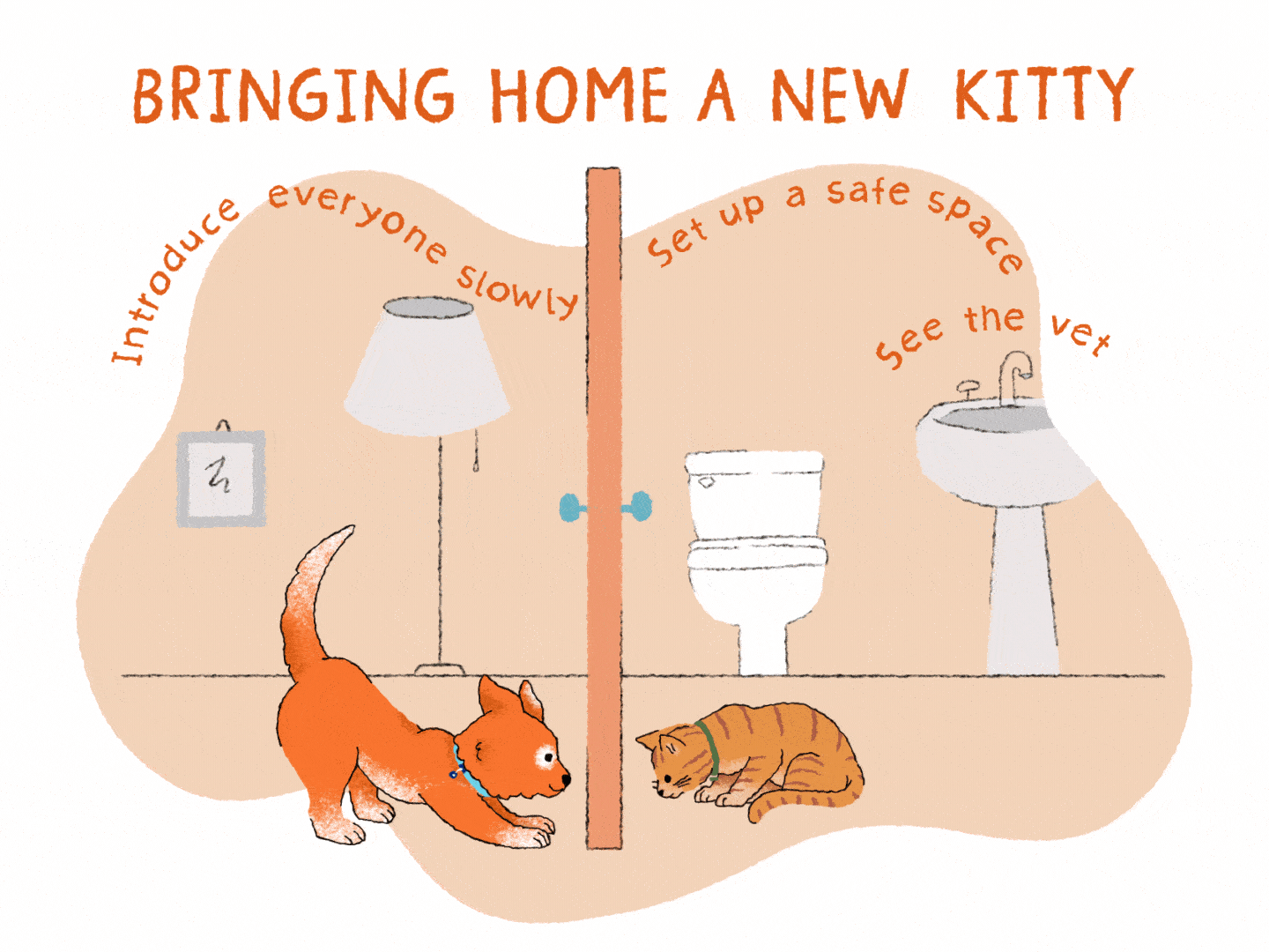 ilustración de un cachorro naranja conociendo a un gato naranja