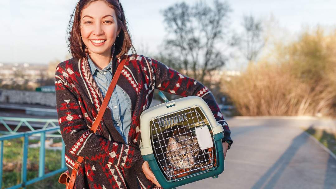 Persona que sostiene a un gato en un transportador para gato