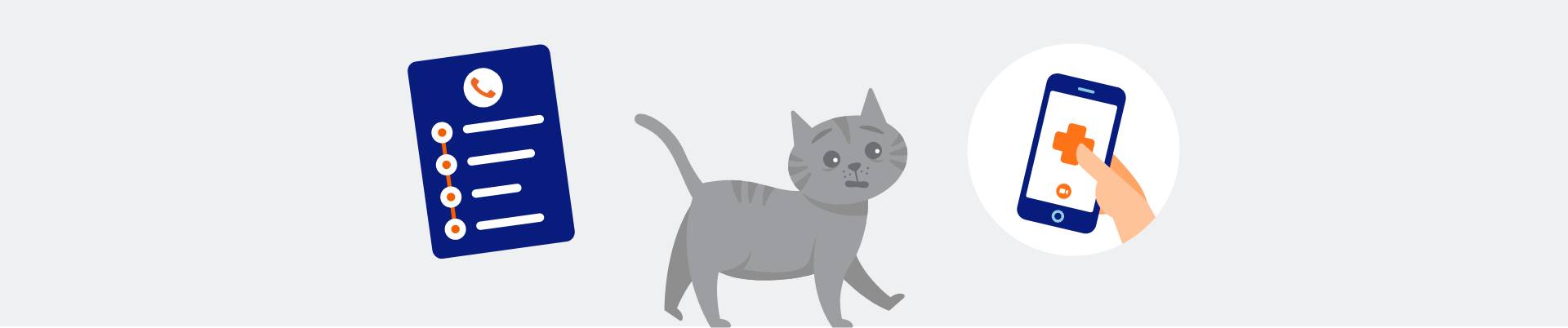 Ilustración de un gato, una lista de verificación y un teléfono