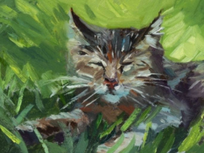 An impressionist style painting of a grey tabby cat