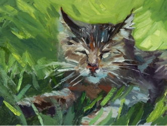 A gray cat laying in grass. Oil painting.