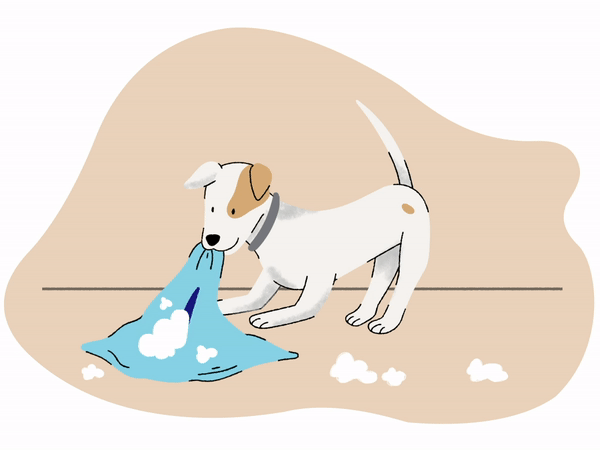 Ilustración de un perro desgarrando una almohada