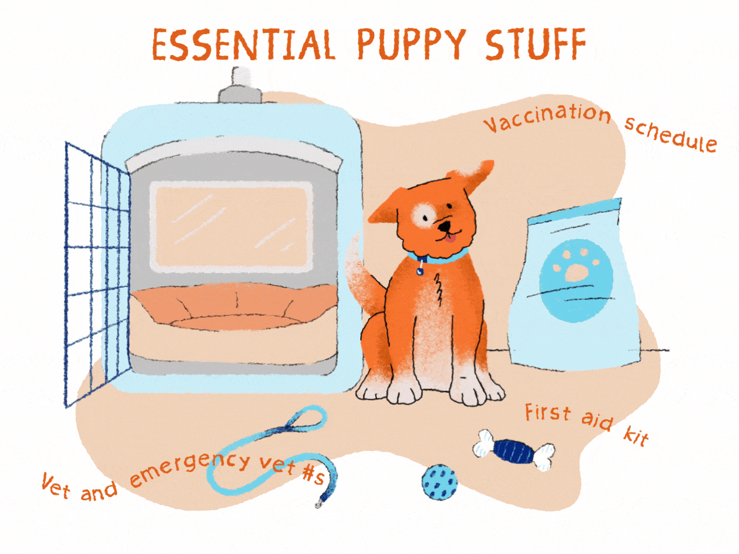 Ilustración de un cachorro naranja y suministros