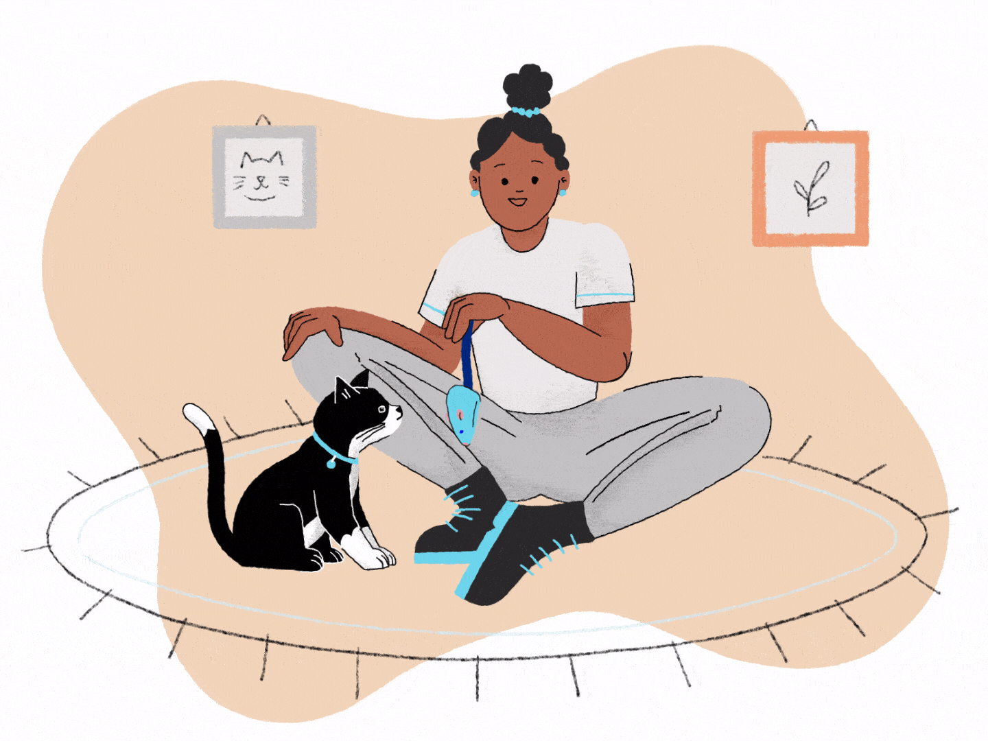 Ilustración de una mujer acariciando a un gato