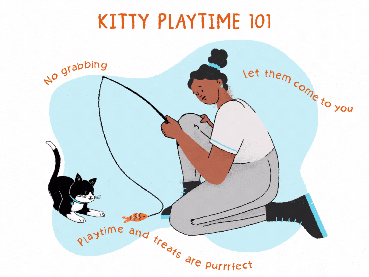 ilustración de una niña jugando con un juguete de pesca con un gato