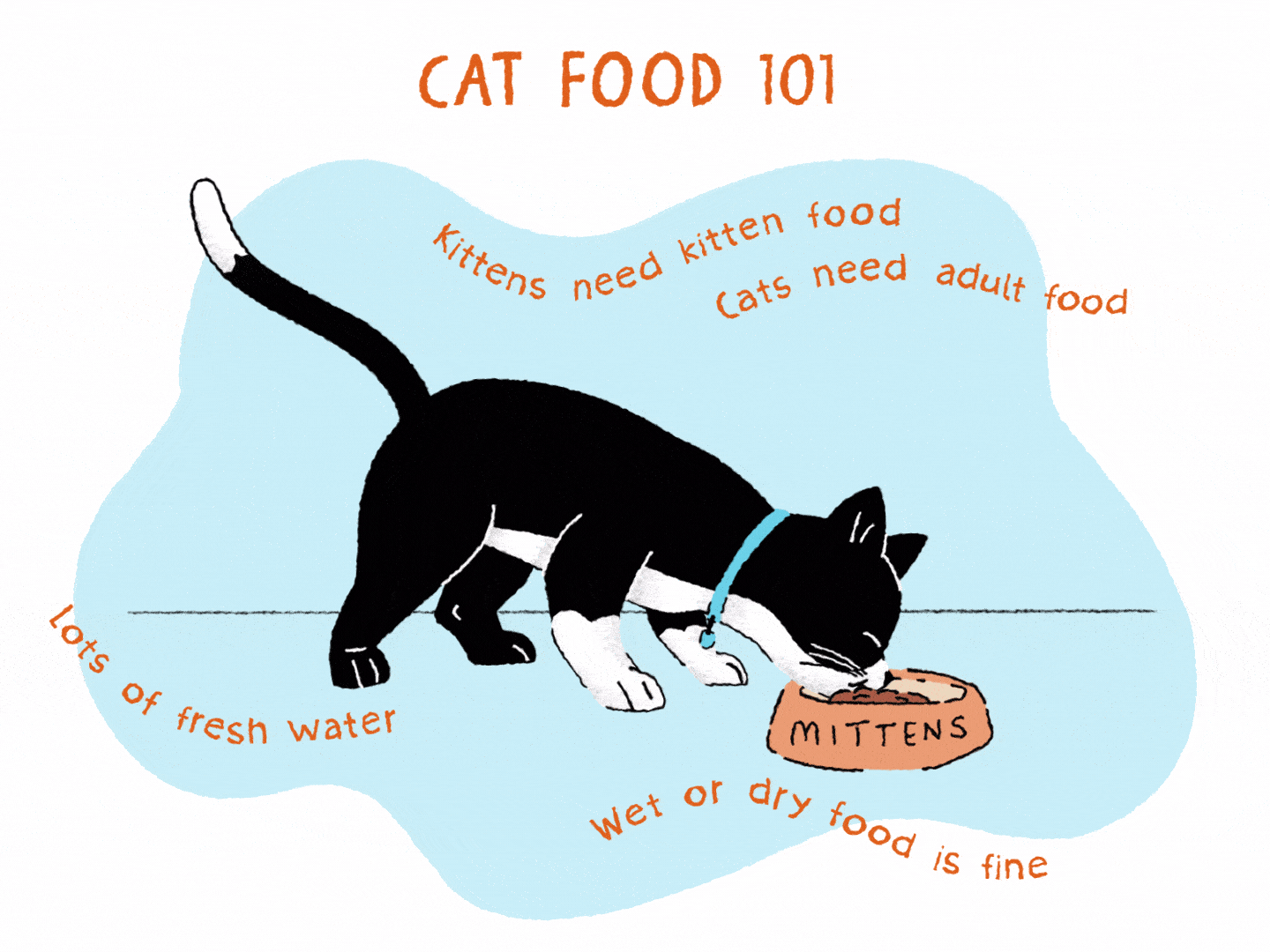 ilustración de un gato negro comiendo en un tazón