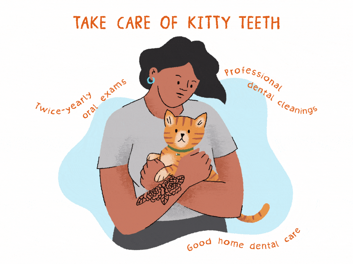 ilustración de una mujer sosteniendo a un gatito naranja bostezado