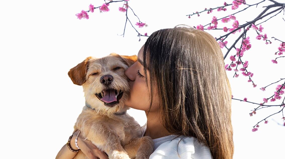 una mujer que besa a un perro