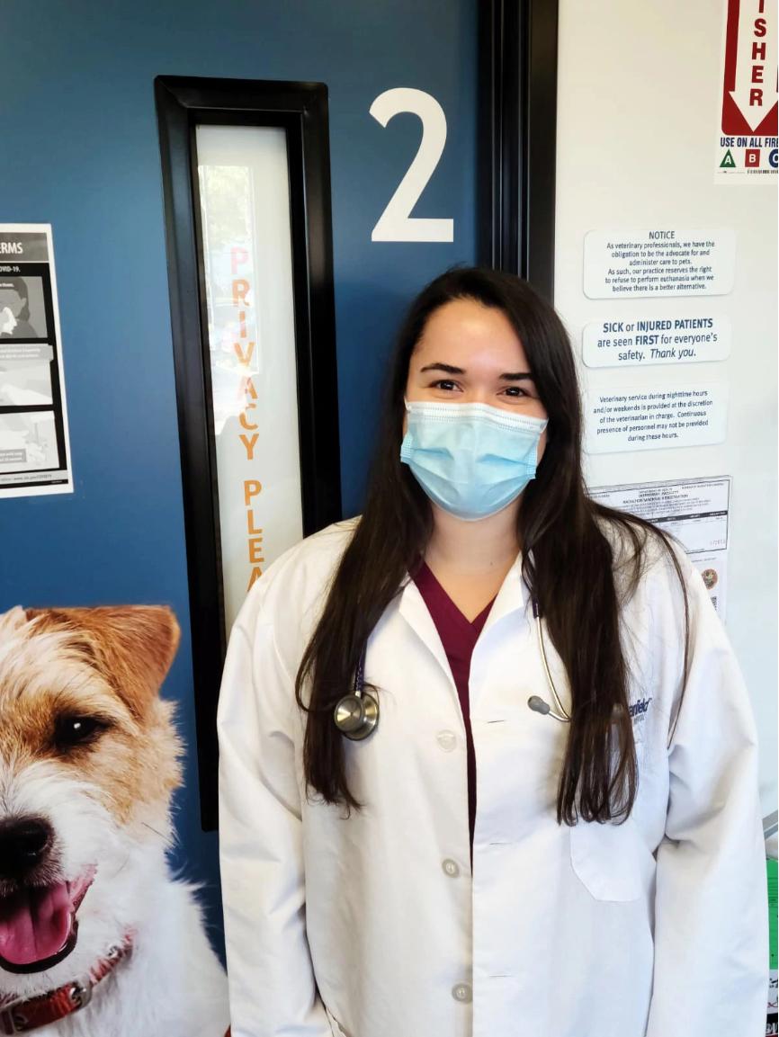 Joven veterinaria y un perro en el Banfield Pet Hospital