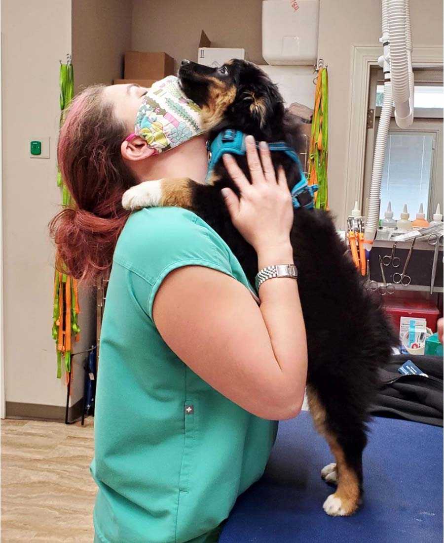 Veterinaria abrazando a un perro en el Banfield Pet Hospital, Yadkin Park, Carolina del Norte